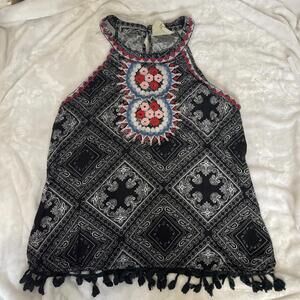 Savannah Jane Boho Chic Bandanna Embroidered Tassel Halter Tank Large
